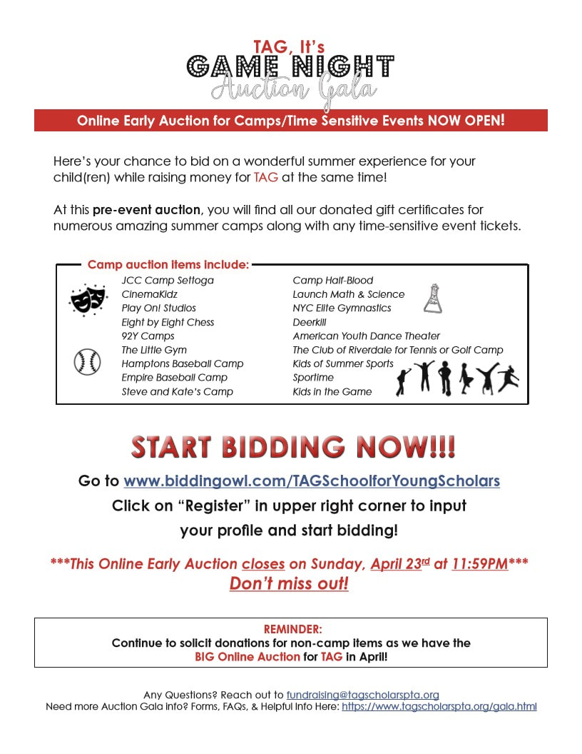Early Camp/Time Sensitive Online Auction Open!!! - TAG PTA